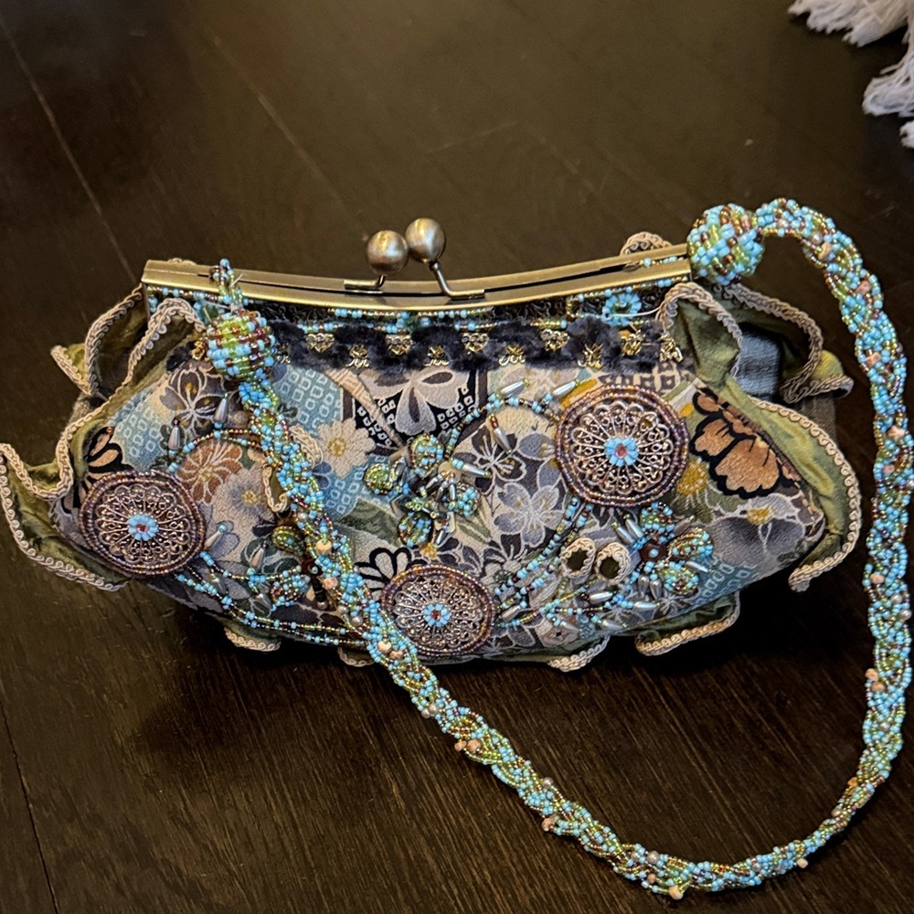 Artisan Floral Embroidered Clutch with Beaded Strap